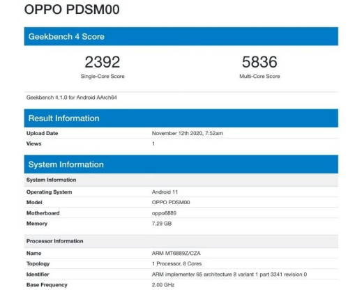 Geekbench上出现了一款为OPPOReno5 Pro智能手机