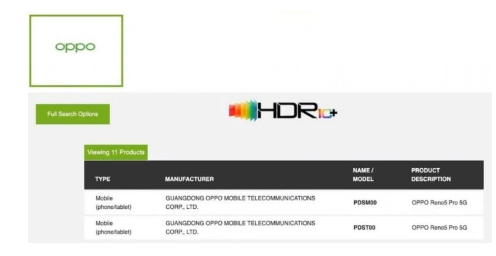 OPPO Reno 5 Pro智能手机模型现已出现在HDR10+规范中