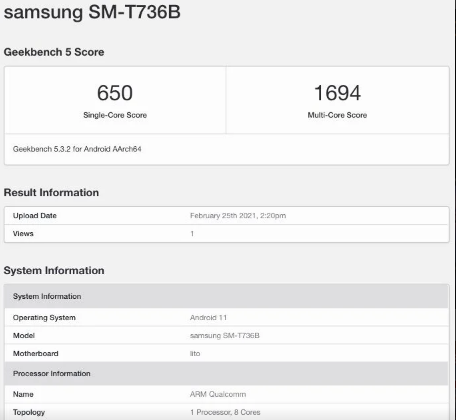 搭载骁龙750G的三星Galaxy Tab S7 Lite平板电脑出现在Geekbench