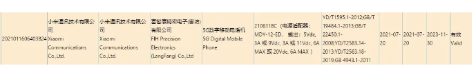 小米MiMIX4智能手机的3C认证确认支持120W快充
