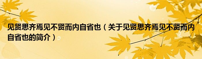 见贤思齐焉见不贤而内自省也（关于见贤思齐焉见不贤而内自省也的简介）