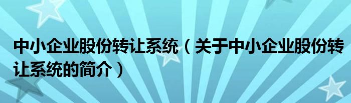 中小企业股份转让系统（关于中小企业股份转让系统的简介）