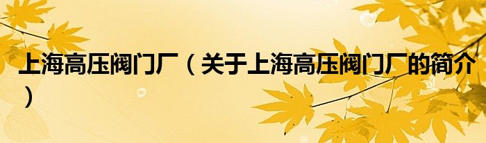 上海高压阀门厂（关于上海高压阀门厂的简介）