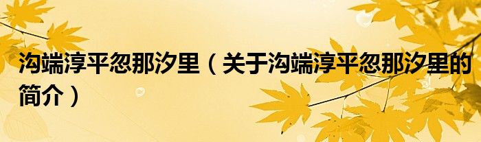 沟端淳平忽那汐里（关于沟端淳平忽那汐里的简介）