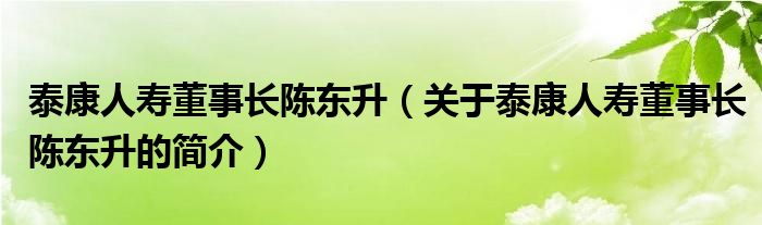 泰康人寿董事长陈东升（关于泰康人寿董事长陈东升的简介）