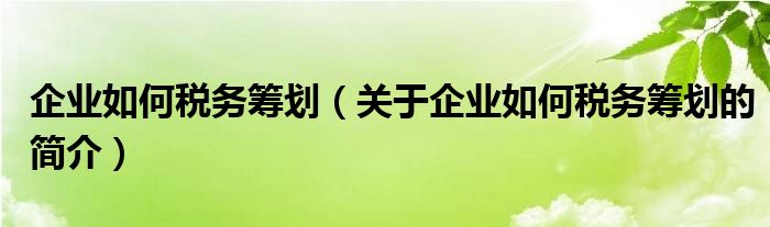 企业如何税务筹划（关于企业如何税务筹划的简介）