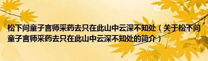 松下问童子言师采药去只在此山中云深不知处（关于松下问童子言师采药去只在此山中云深不知处的简介）