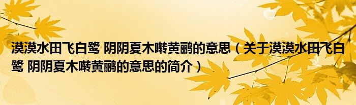 漠漠水田飞白鹭 阴阴夏木啭黄鹂的意思（关于漠漠水田飞白鹭 阴阴夏木啭黄鹂的意思的简介）