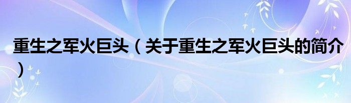 重生之军火巨头（关于重生之军火巨头的简介）