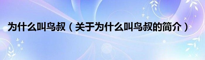 为什么叫鸟叔（关于为什么叫鸟叔的简介）