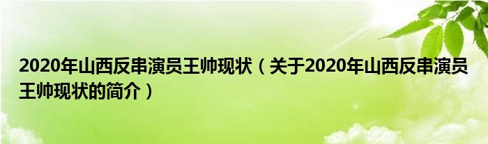 2020年山西反串演员王帅现状（关于2020年山西反串演员王帅现状的简介）