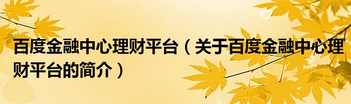 百度金融中心理财平台（关于百度金融中心理财平台的简介）