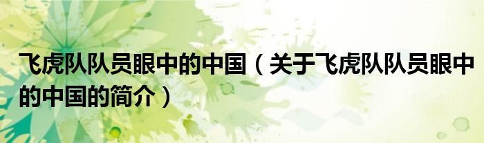 飞虎队队员眼中的中国（关于飞虎队队员眼中的中国的简介）