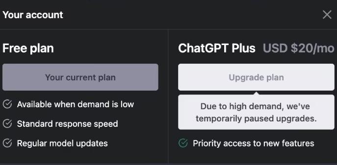 ChatGPT Plus付费会员停售，需求量过大导致计算资源不足
