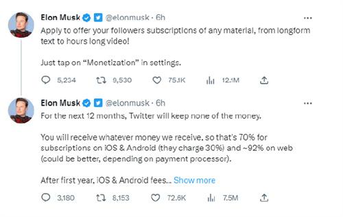 马斯克宣布推特将上线付费订阅：含长文本和长视频，不对创作者额外抽成