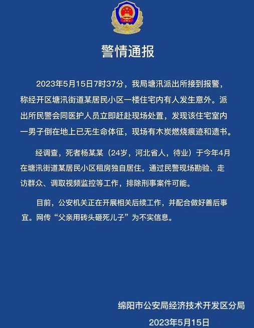 警方回应网传男子用砖头砸死儿子事件，否认不实并排除刑案可能性