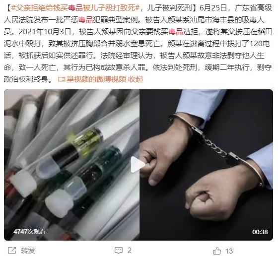 广东一吸毒者因向父亲要钱购买毒品遭拒殴打致死，儿子被判死刑