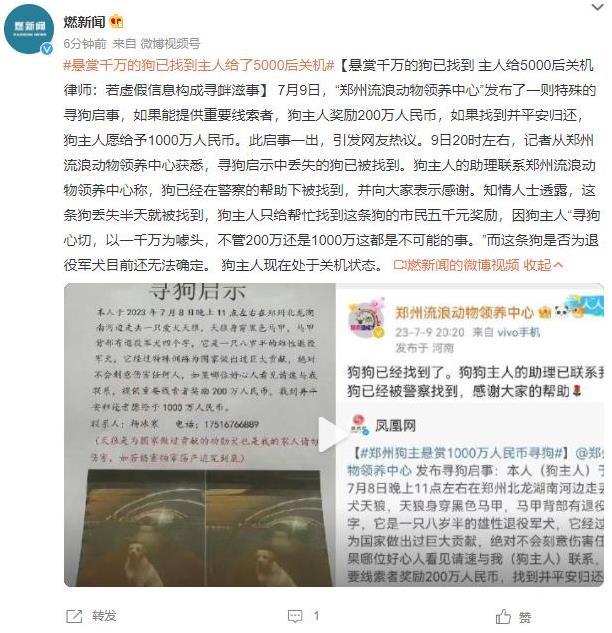 郑州流浪动物领养中心寻狗启事引发热议，狗只已找到但悬赏金额引争议