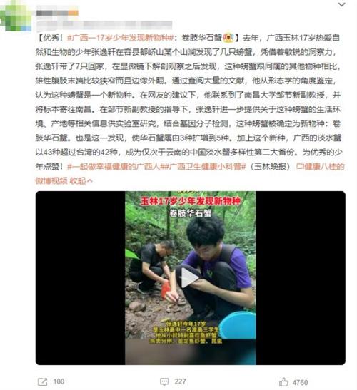 广西优秀少年17岁发现新物种：卷肢华石蟹