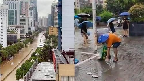 福州积水退去 居民拎麻袋上街抓鱼 杜苏芮尾流暴雨减弱