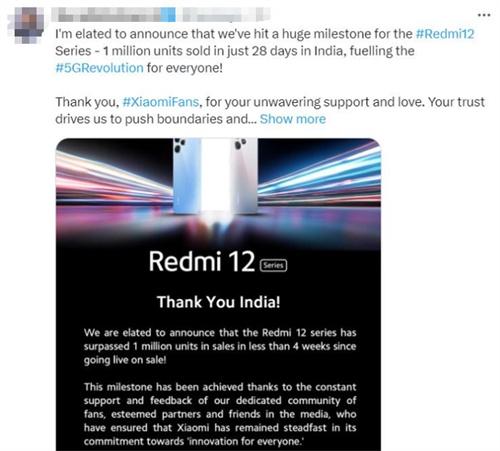 小米 Redmi 12 系列机型在印度销量破 100 万台 仅仅耗时 28 天